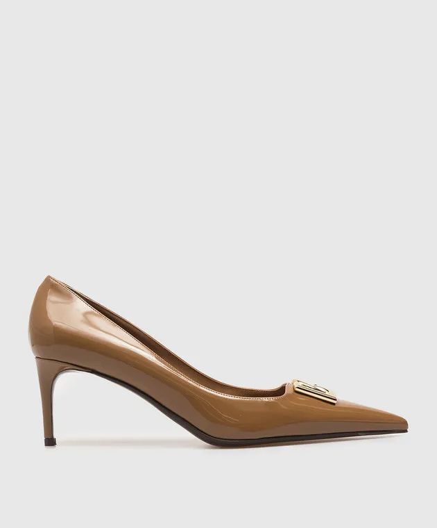 DOLCE&GABBANA BROWN LEATHER HIGHGLOSS PUMPS WITH TEXTURED DG LOGO