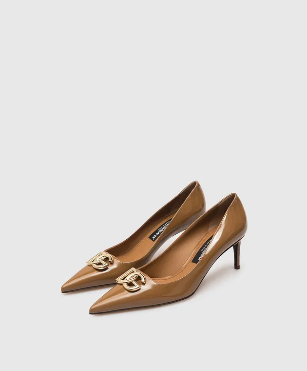 DOLCE&GABBANA BROWN LEATHER HIGHGLOSS PUMPS WITH TEXTURED DG LOGO