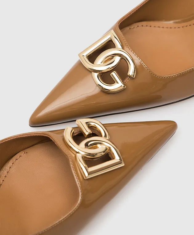 DOLCE&GABBANA BROWN LEATHER HIGHGLOSS PUMPS WITH TEXTURED DG LOGO