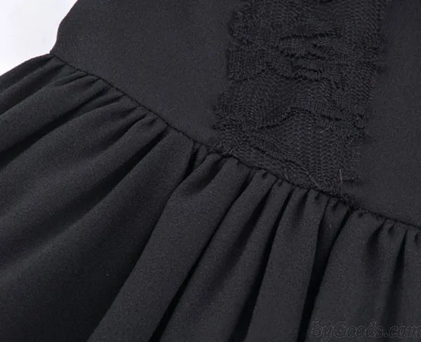 Hollow See Through Black Lace Stitching Pleated Dresses