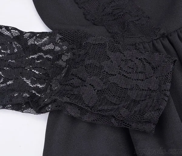Hollow See Through Black Lace Stitching Pleated Dresses