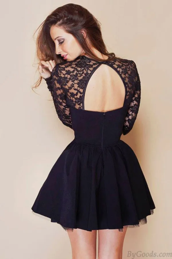 Hollow See Through Black Lace Stitching Pleated Dresses