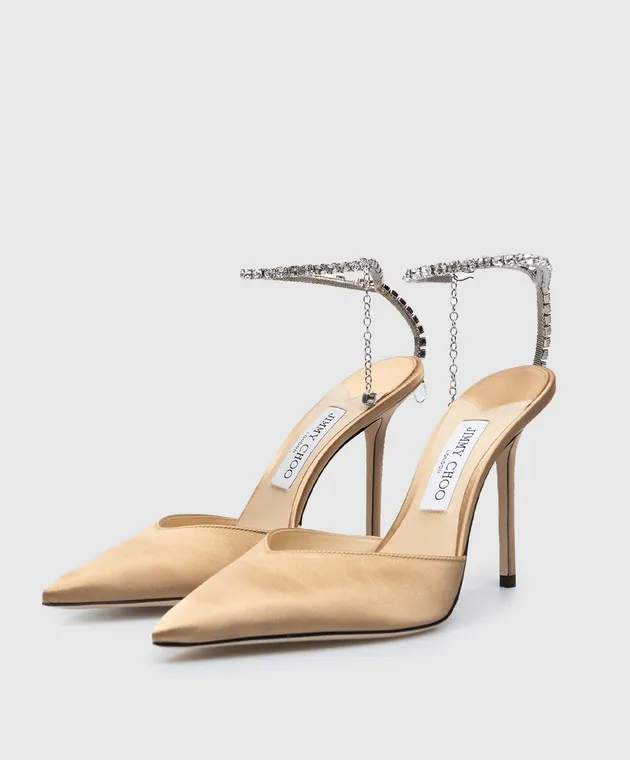 Jimmy Choo Brown satin SAEDA 100 slingbacks with crystals