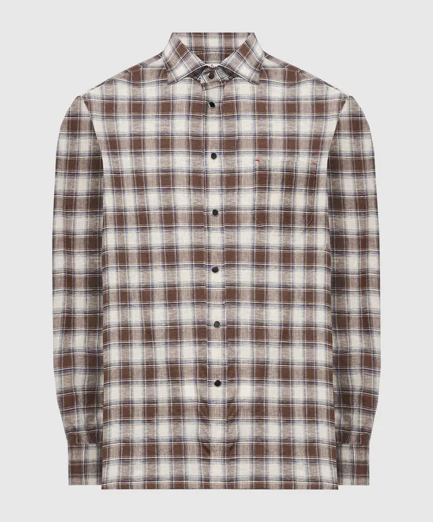 Kiton Brown checked shirt with linen
