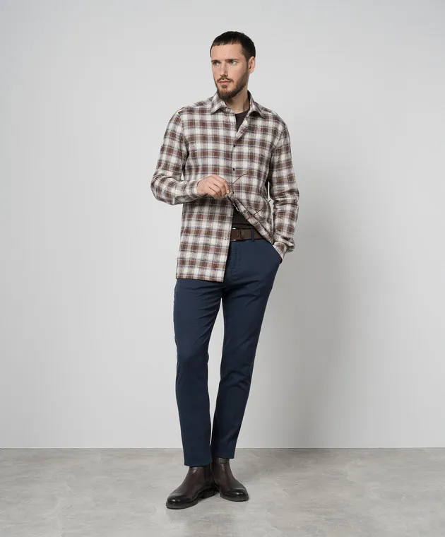 Kiton Brown checked shirt with linen