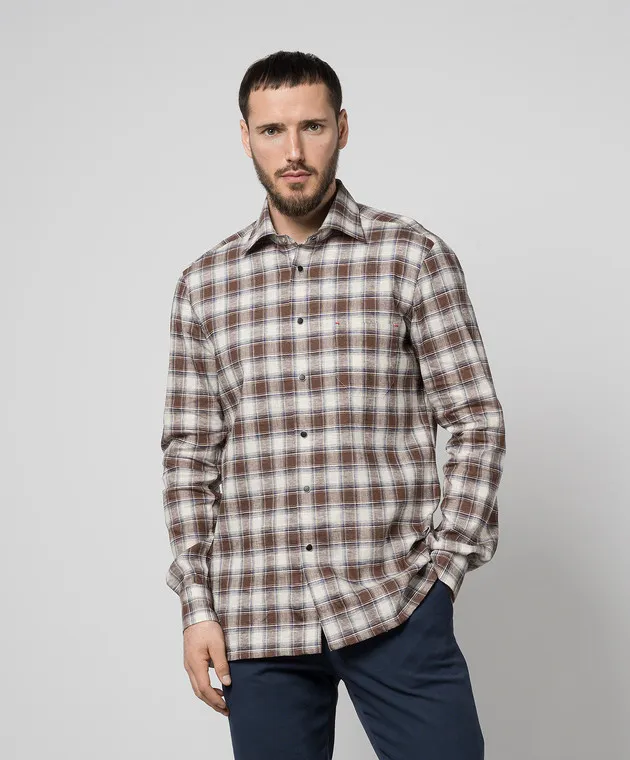 Kiton Brown checked shirt with linen