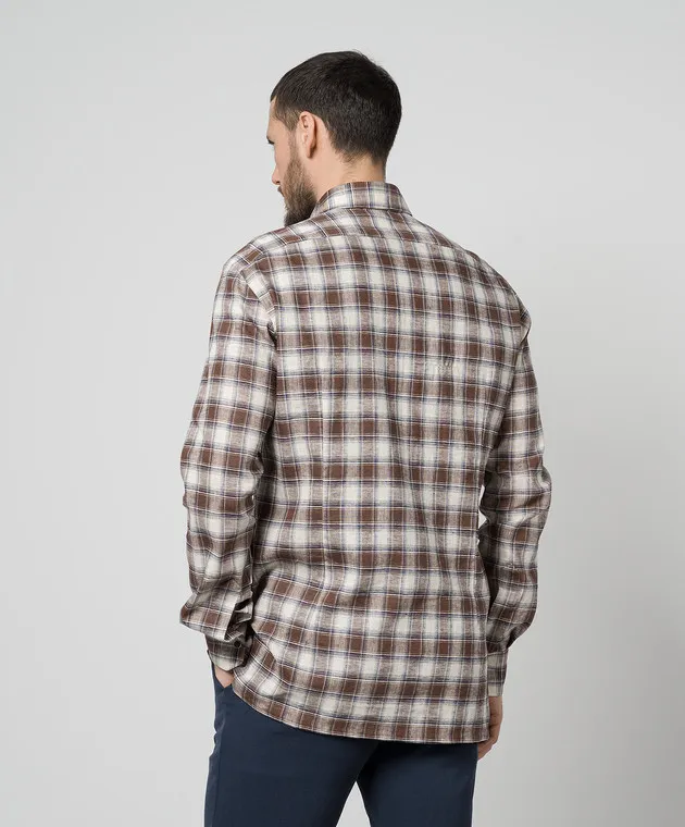 Kiton Brown checked shirt with linen