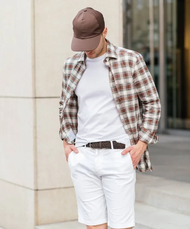 Kiton Brown checked shirt with linen