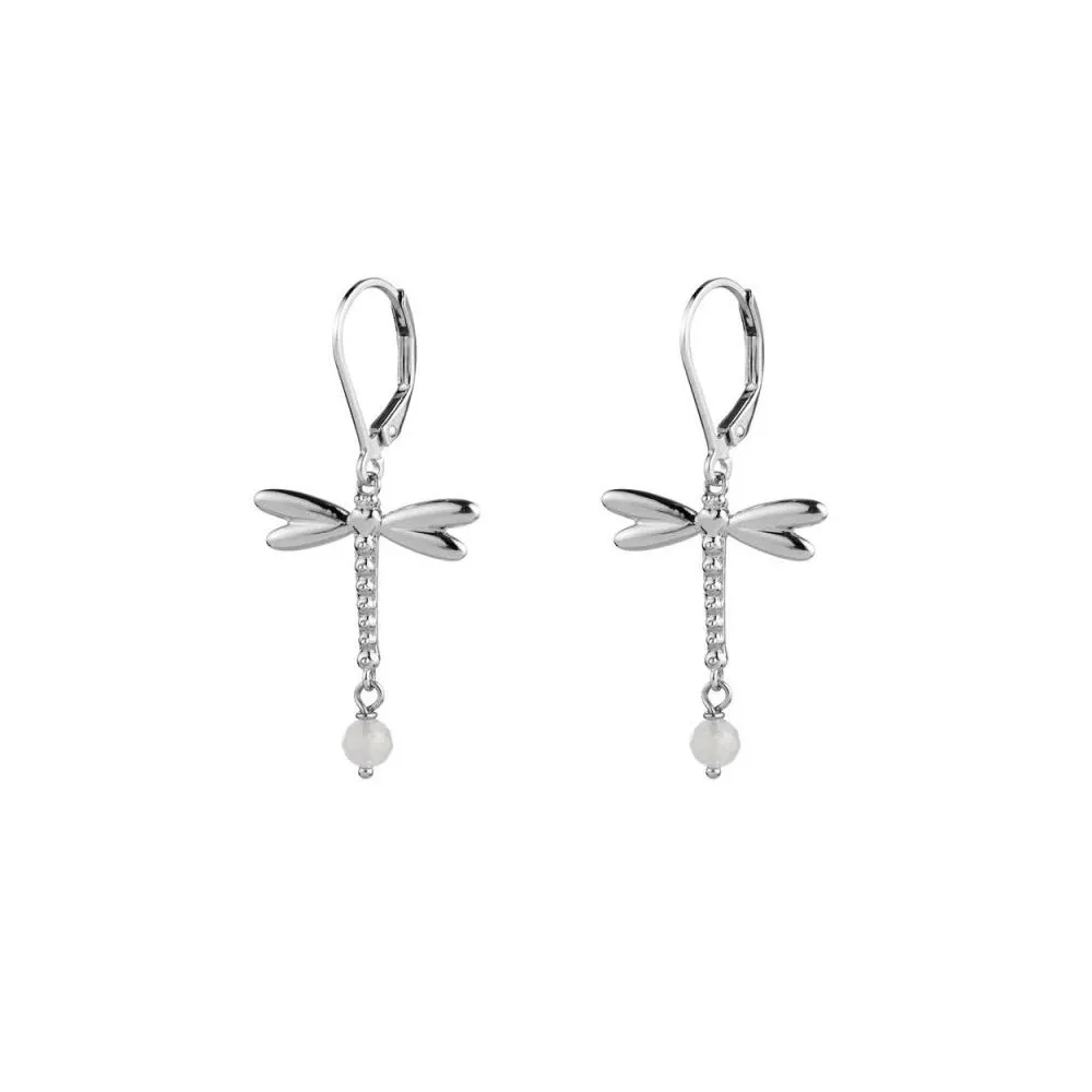 Pendiente libélula plateados con piedra y luna colección FLY