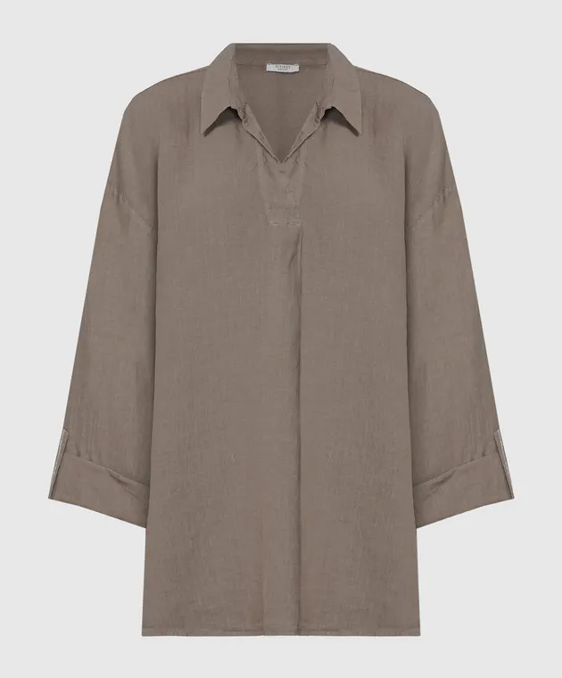 Peserico Brown linen blouse with monil chain