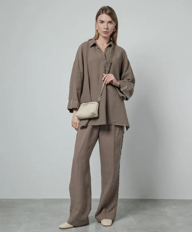 Peserico Brown linen blouse with monil chain