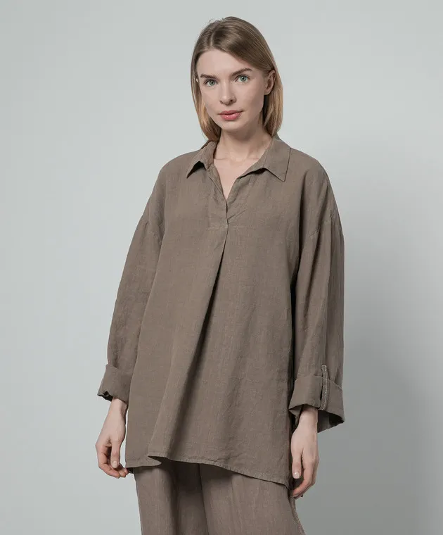 Peserico Brown linen blouse with monil chain