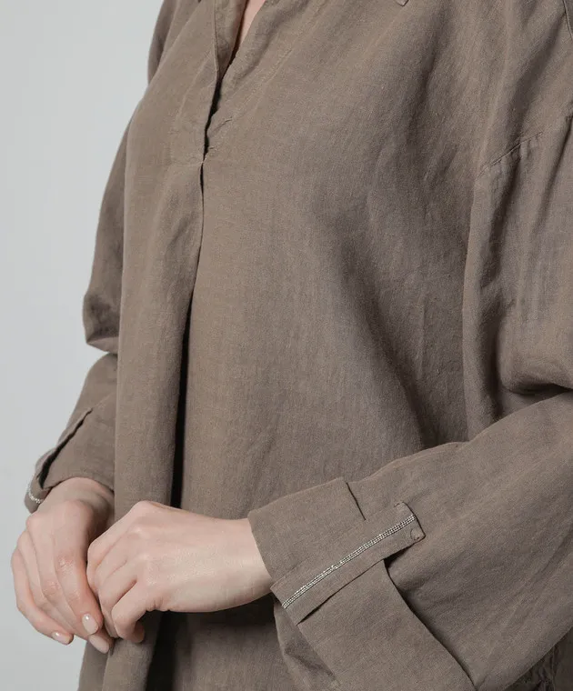 Peserico Brown linen blouse with monil chain