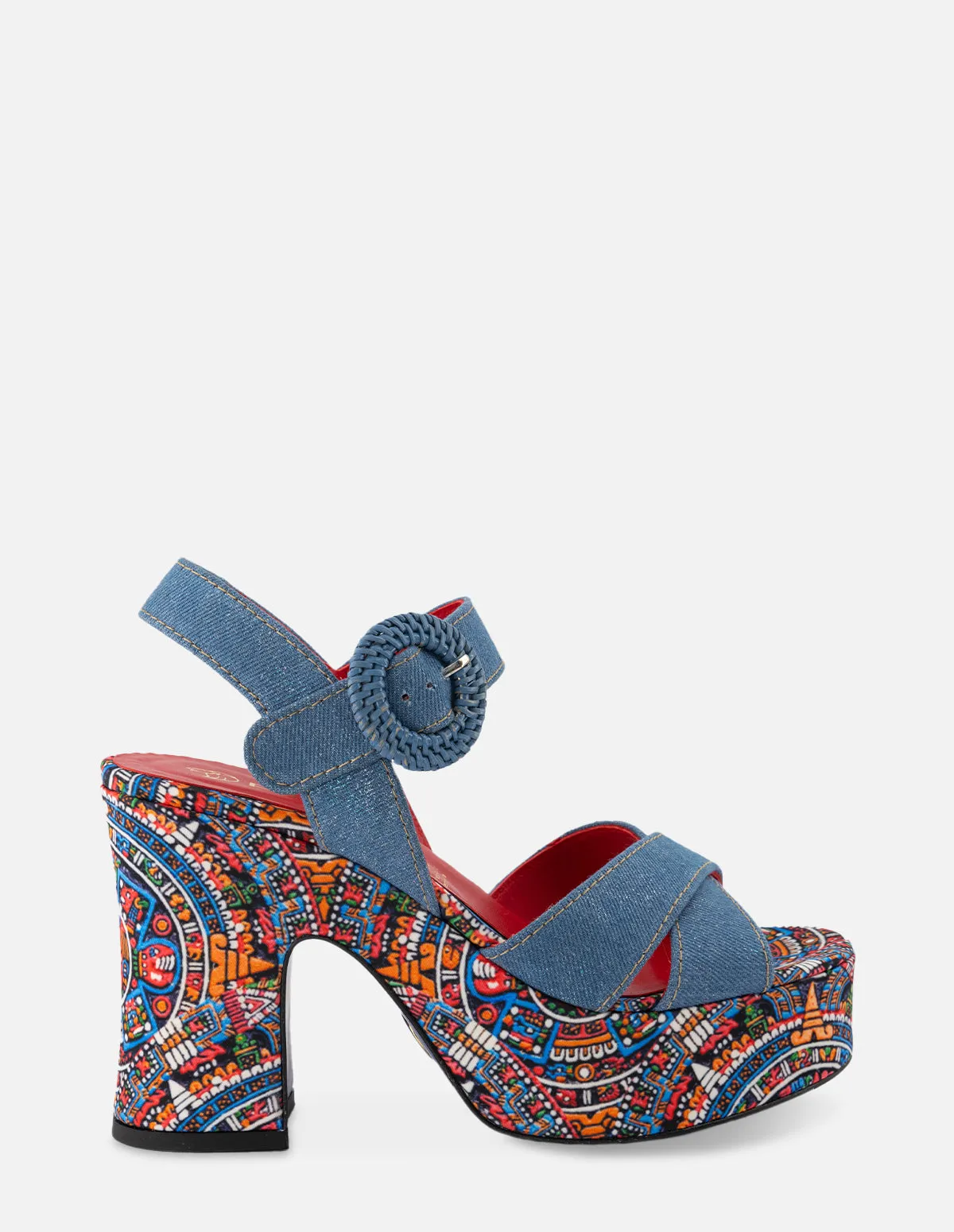 Sandalia en textil de mezclilla y estampado azteca para mujer