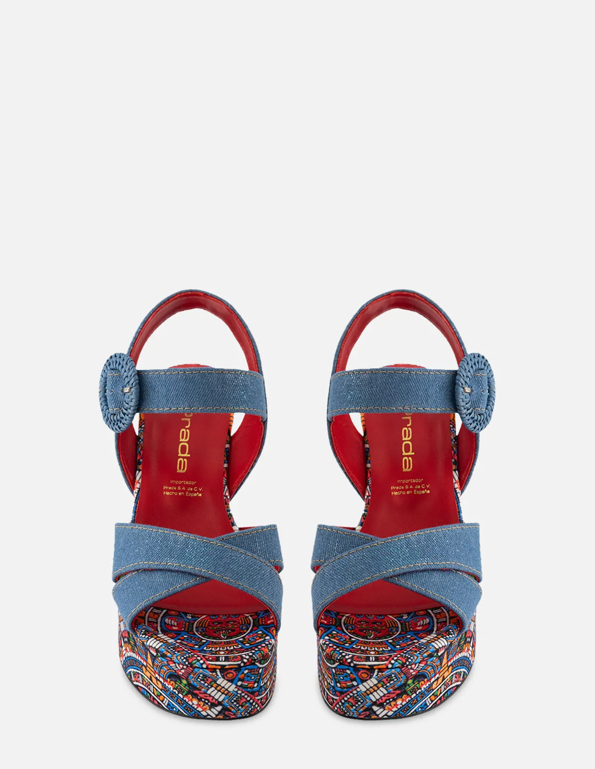Sandalia en textil de mezclilla y estampado azteca para mujer